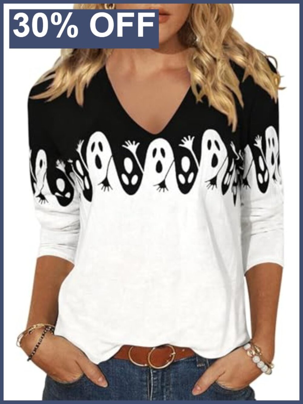 Halloween 3/4 Sleeve V Neck Graphic Tee Spooky Season Casual Tops